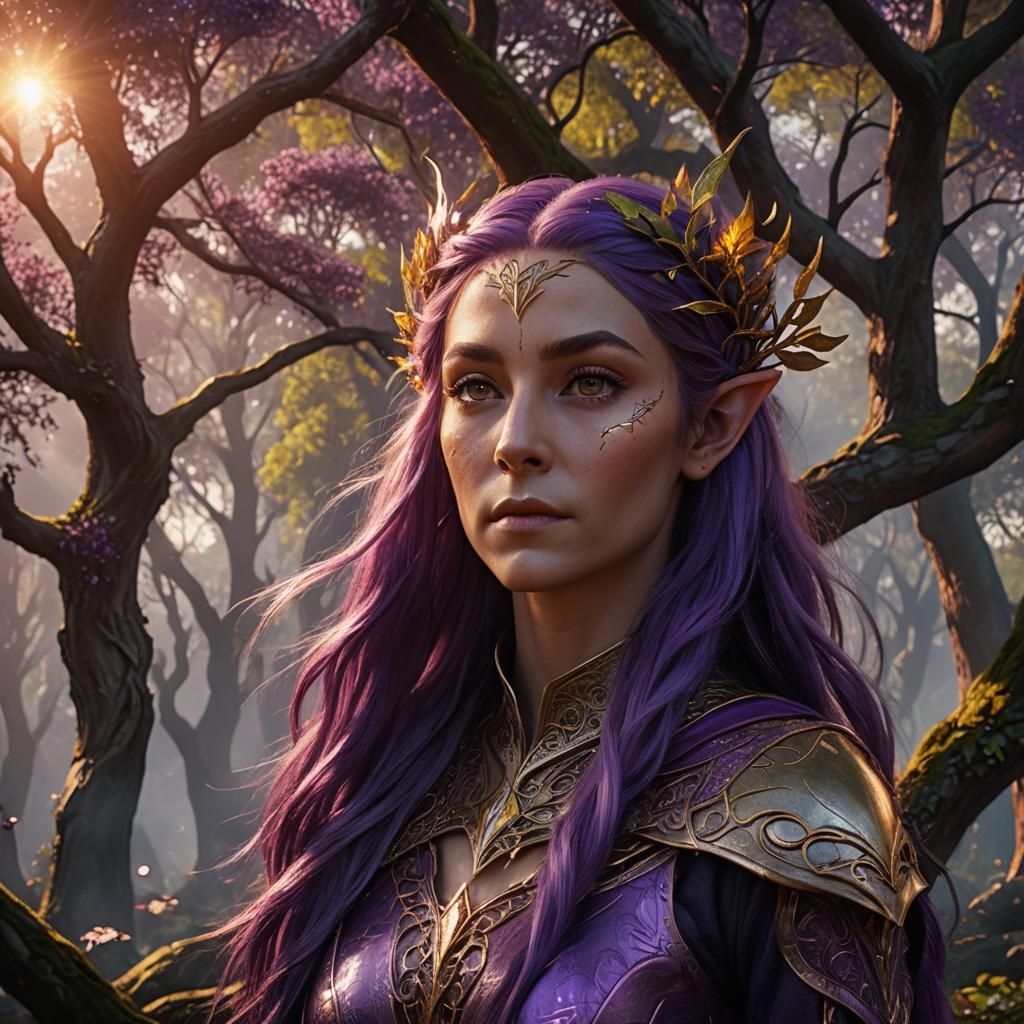 Elven warrior queen portrait :purple fire hair