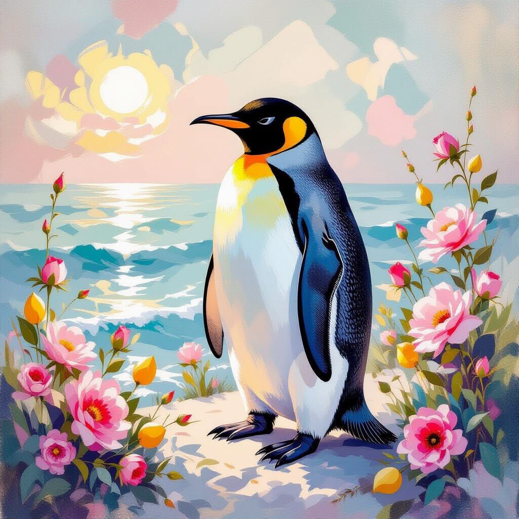 Radiant Penguin: Impressionist Rococo Metamodern Painting