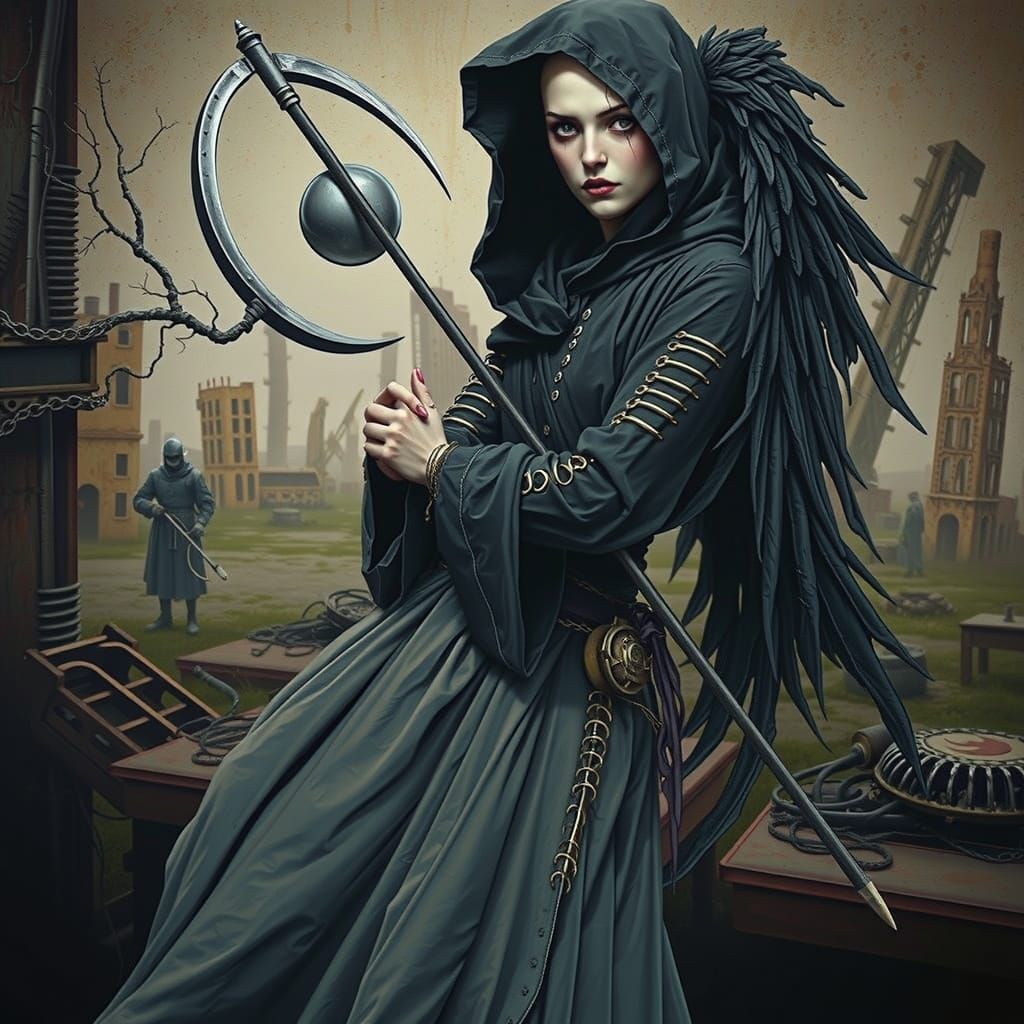 Gothic Angel of Mortality in Desolate Wasteland