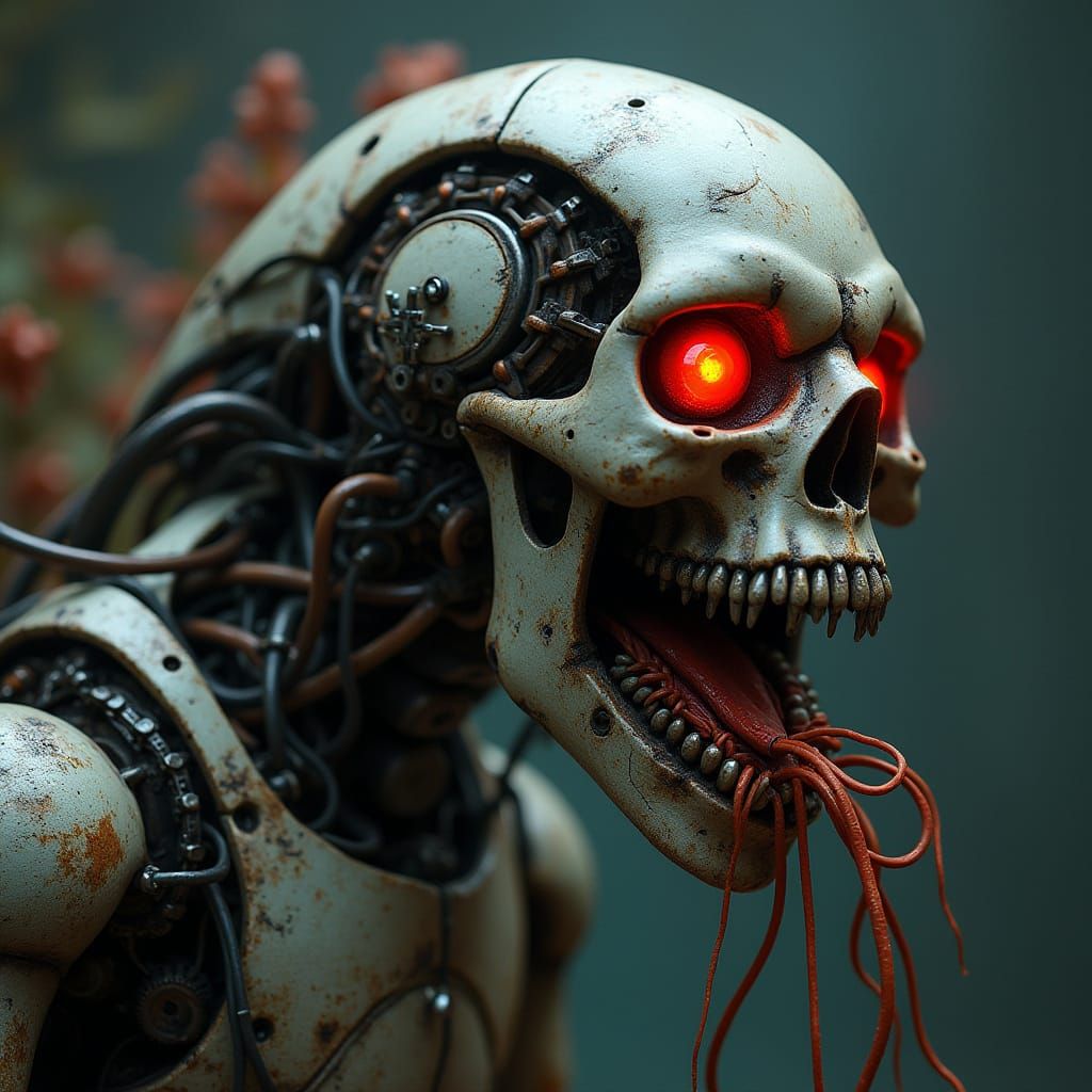 Cybernetic Skull in Agony with Robotic Koi Fish