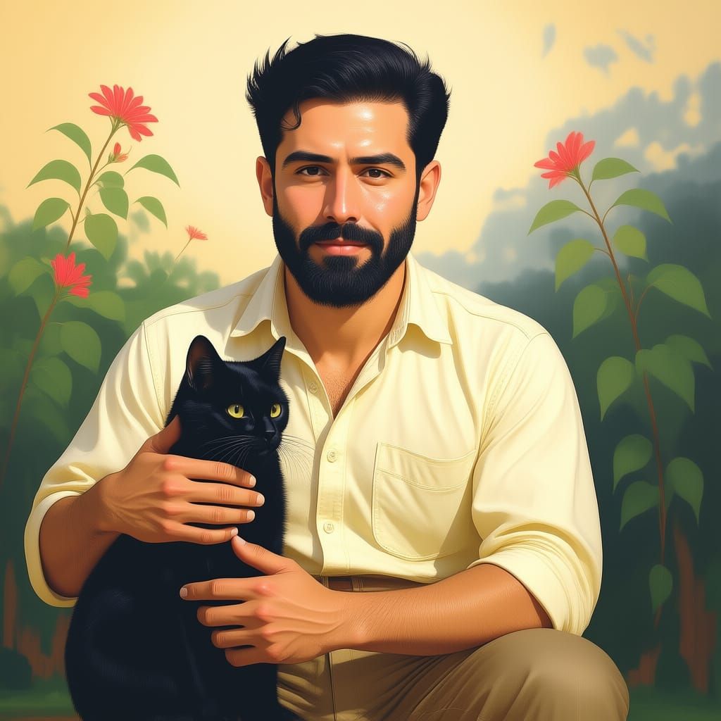 Mature Man Gently Holds Black Cat Paw in Sunny Garden