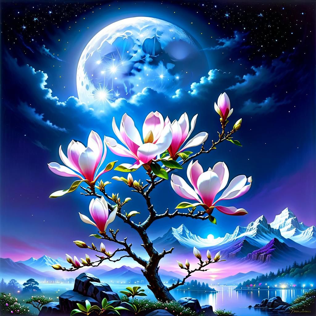 Magnolia Gleaming in Moonlit Sky: Mystical 3D Art