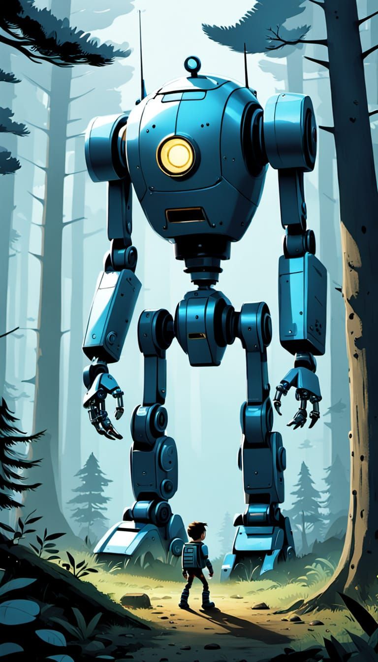 Robot Caretaker in Misty Forest, Animated Cartoon Style