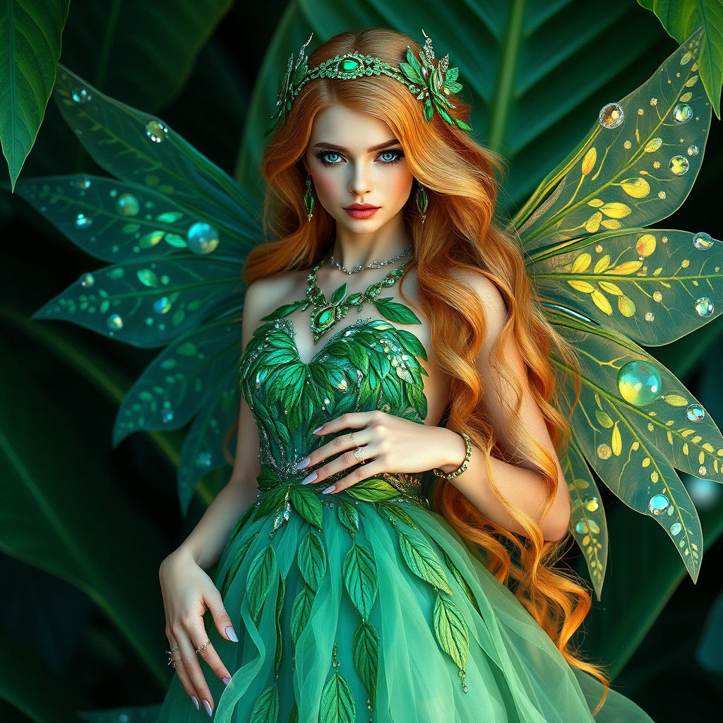 Enchanting Emerald Fairy on Leaf, Fantasy Concept Art