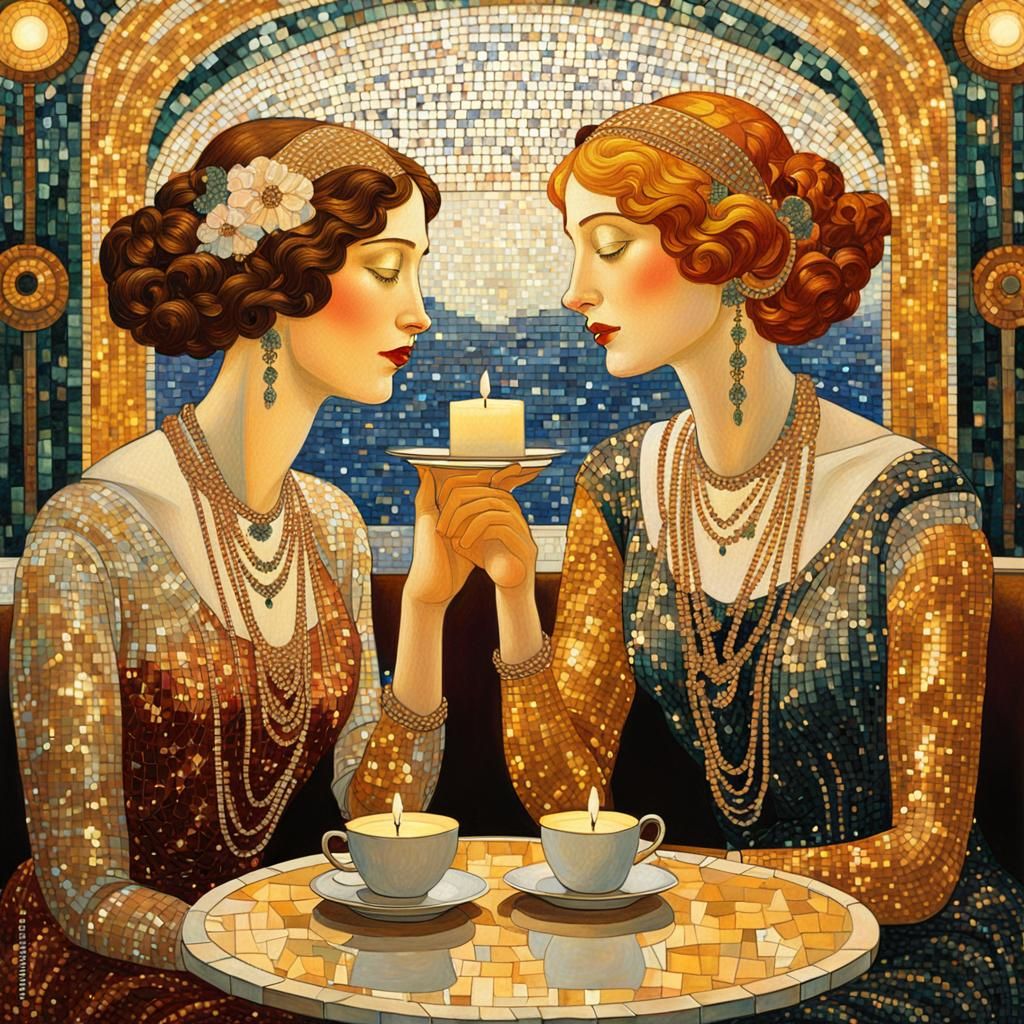 Elegant Women in Cafe: An Art Nouveau Painting