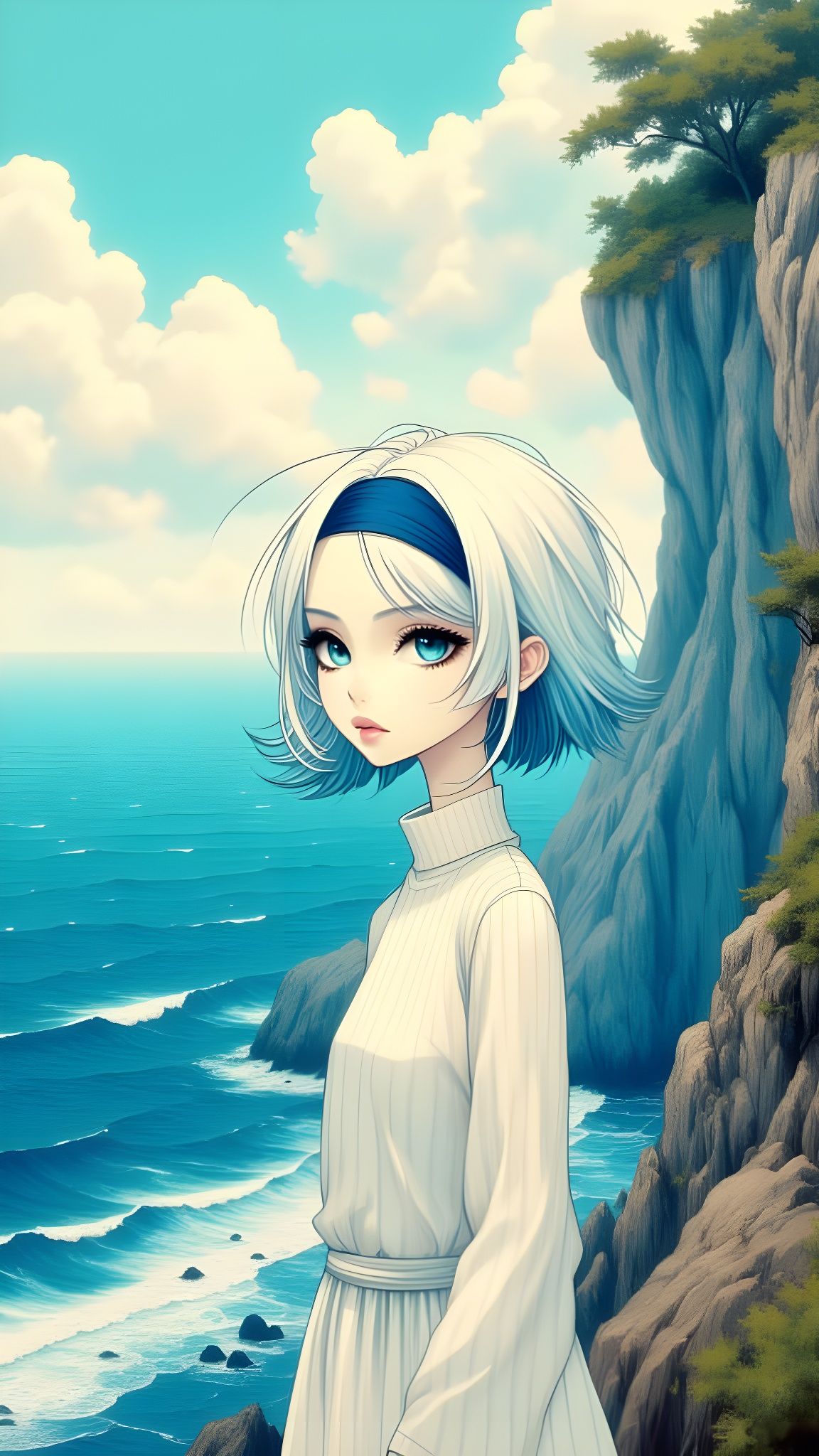Portrait of a Girl with White Hair by the Sea