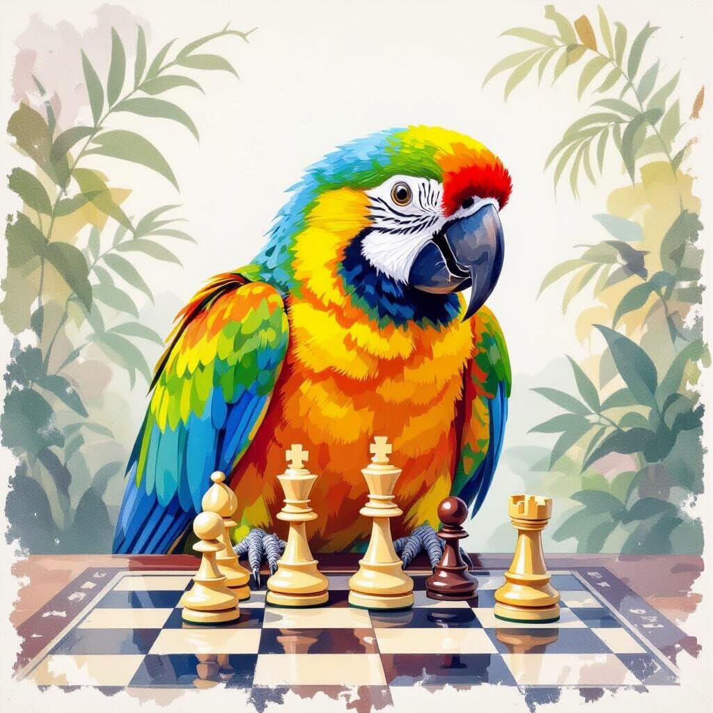 Children's book illustration of a parrot playing chess, cent...