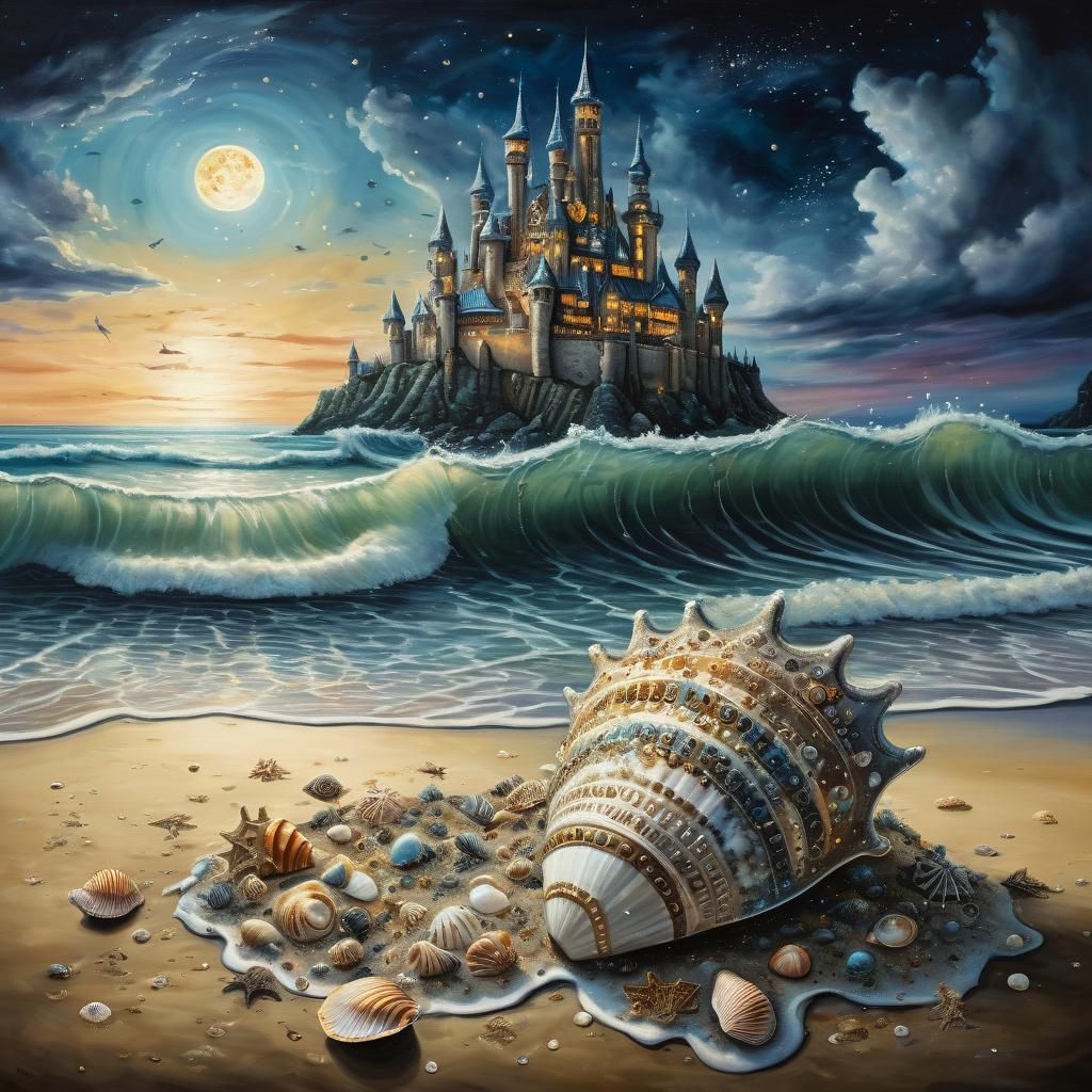 Surreal Seashell Castle Under a Night Sky