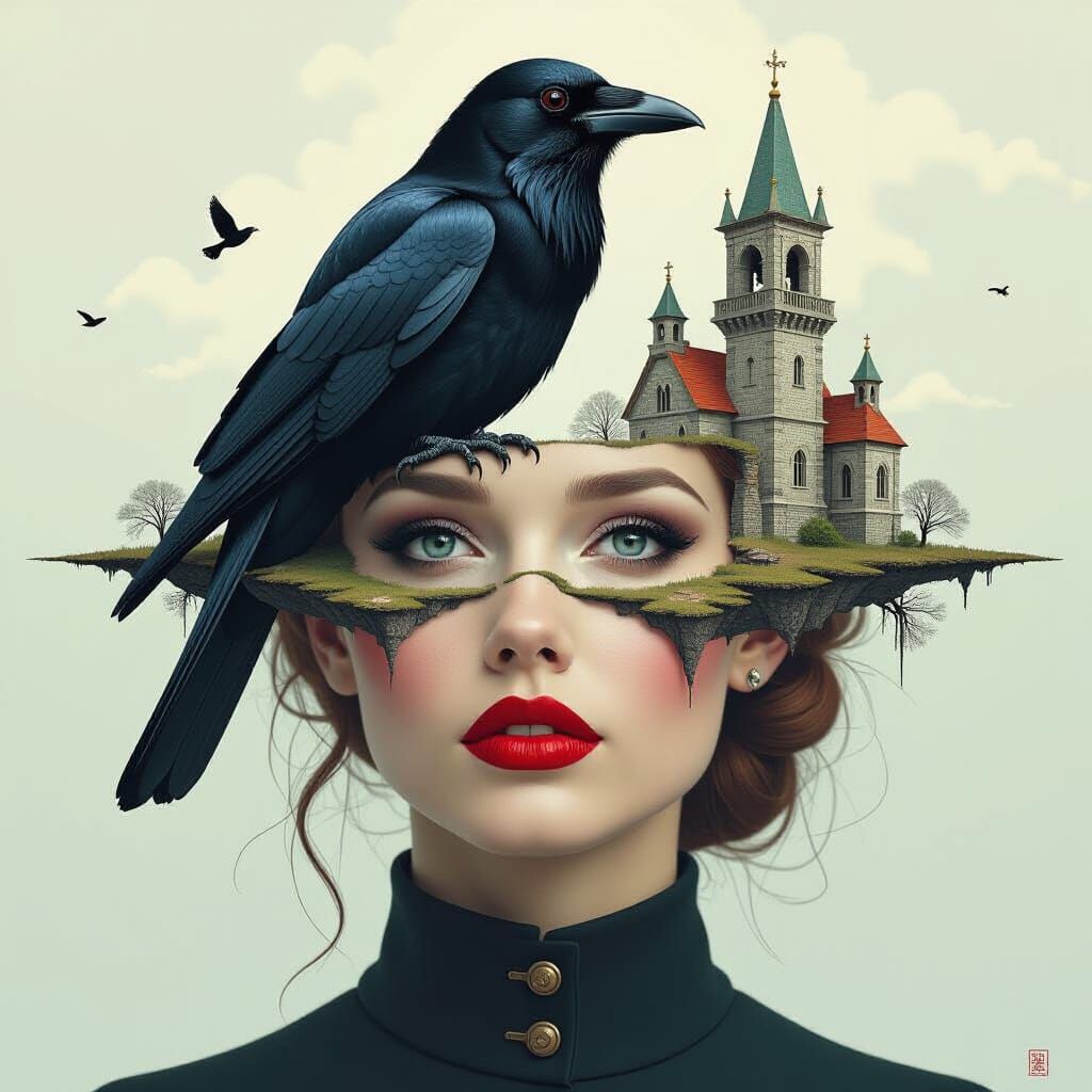 Surreal Fortress: Woman, Bird, and Architecture