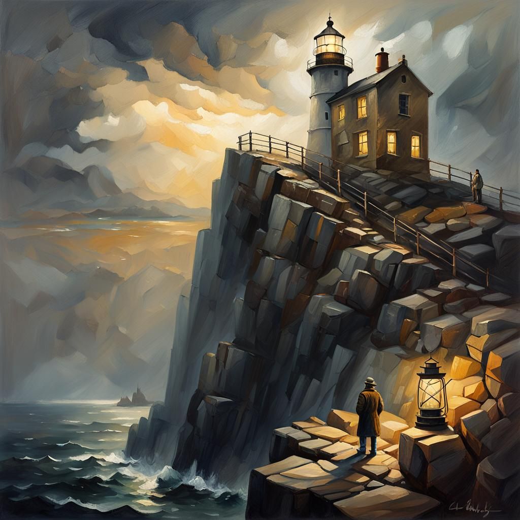 Lighthouse Keeper in Atmospheric Oil Painting