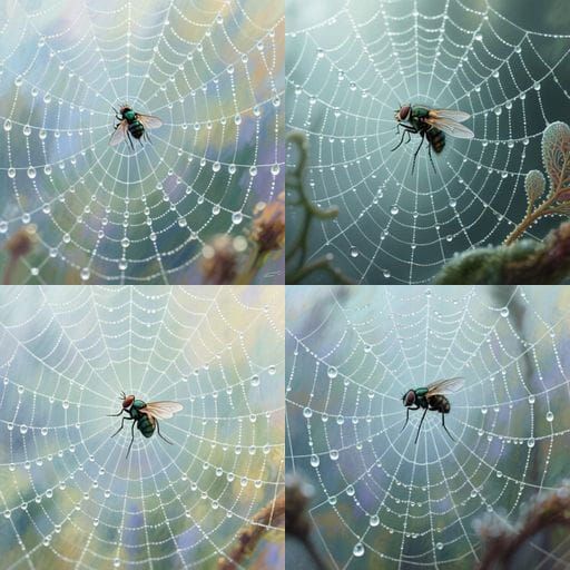 Dew-Covered Spiderweb Captures Fly in Morning Light