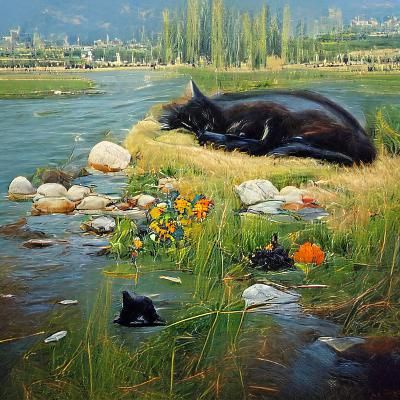 Black Cat Sleeping in Meadow: Oil Painting
