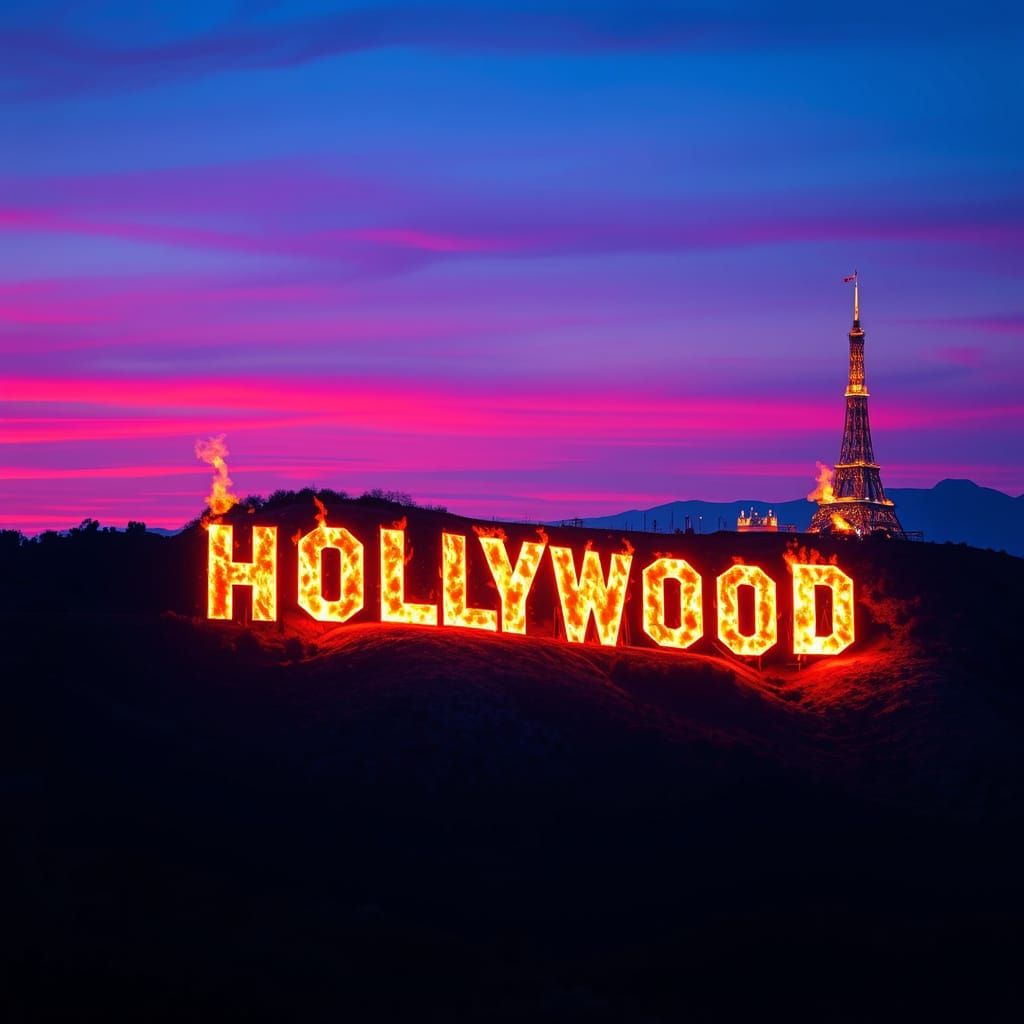 Epic Hollywood Sign Inferno at Sunset