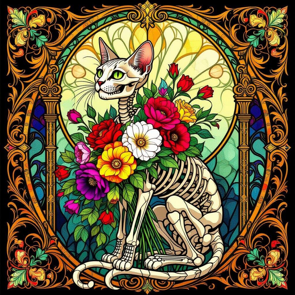 Skeletal Cat with Flowers in Victorian Frame