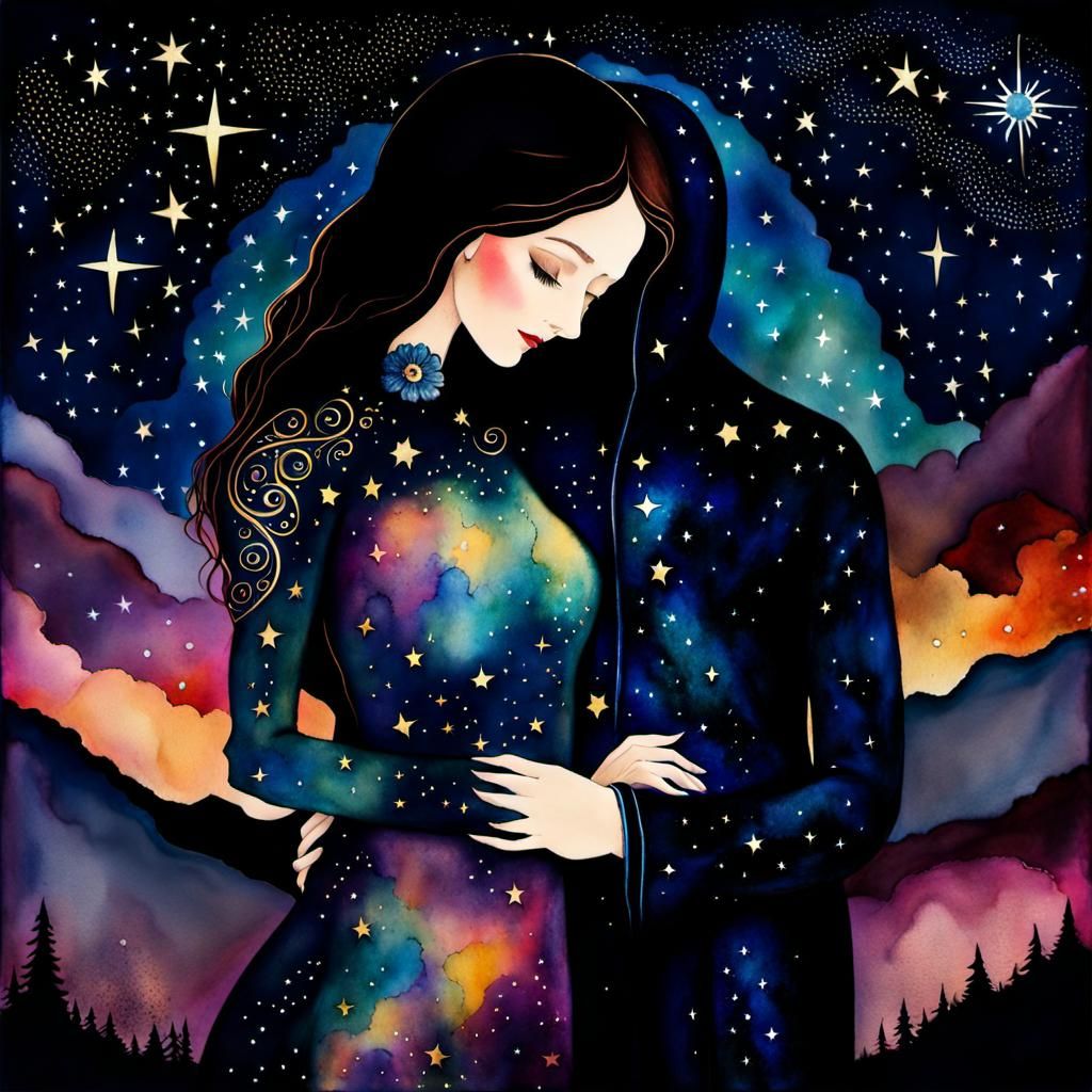Embrace in the Starry Night Sky: Watercolor Art