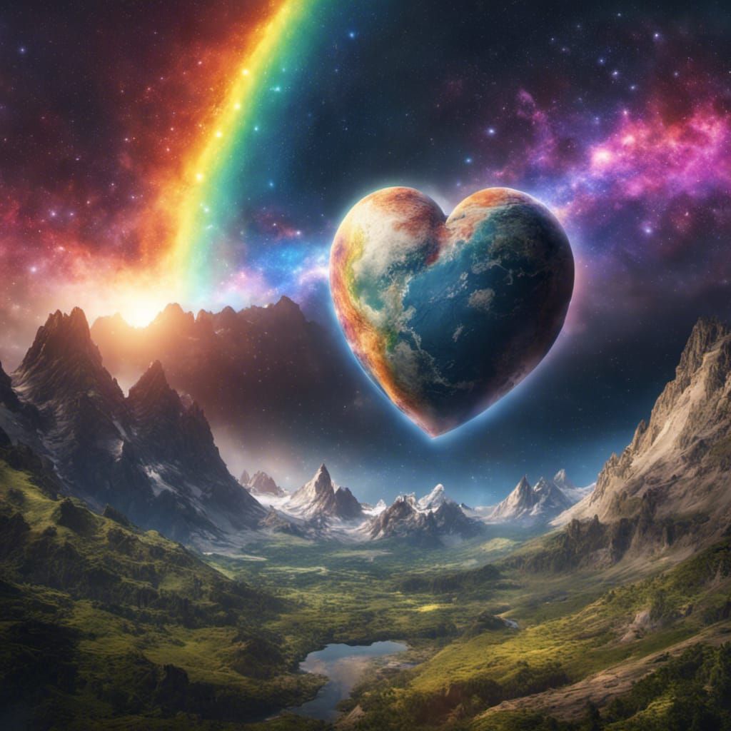 Earth Surrounded by Rainbow Heart in Space