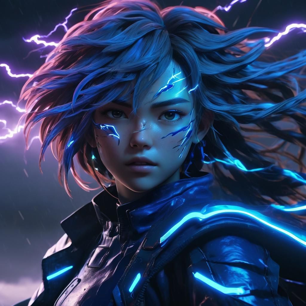 Cyberpunk Anime Woman Flying Through Stormy Sky