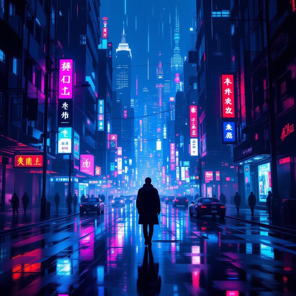 Cyberpunk Cityscape Overview with Lone Figure