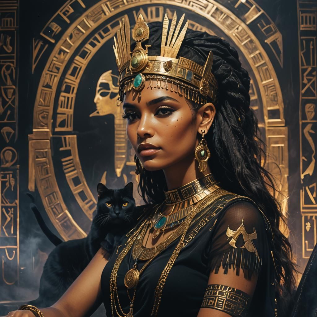 Egyptian Girl Portrait with Golden Crown in Dark Fantasy