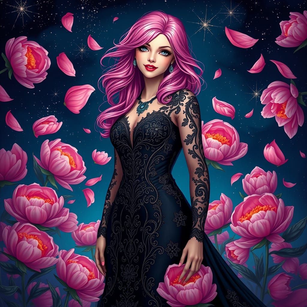 Pink-Haired Woman in Gothic Gown with Peonies