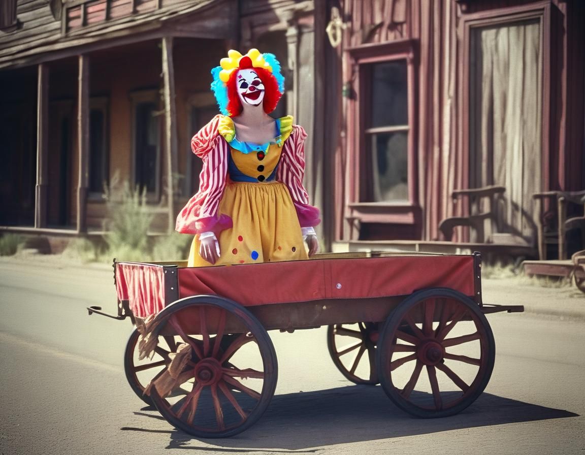 Clown in cloth wagon in a old western town