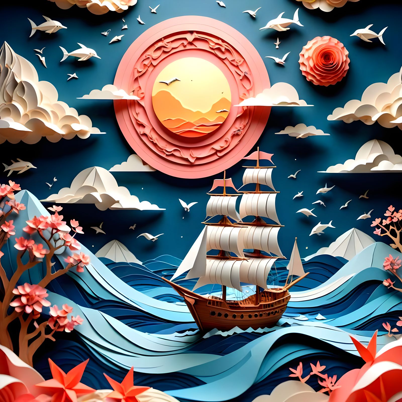 Epic Papercraft Seascape With Origami Ship