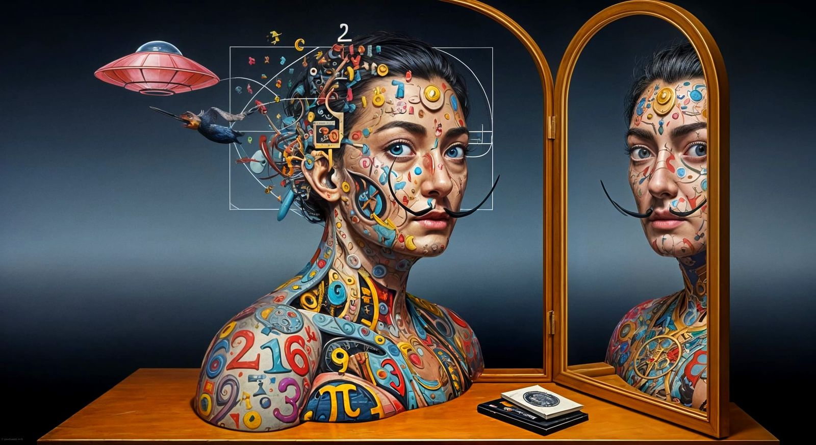 Surrealist Portrait Emerging from Numbers and Biomechanics