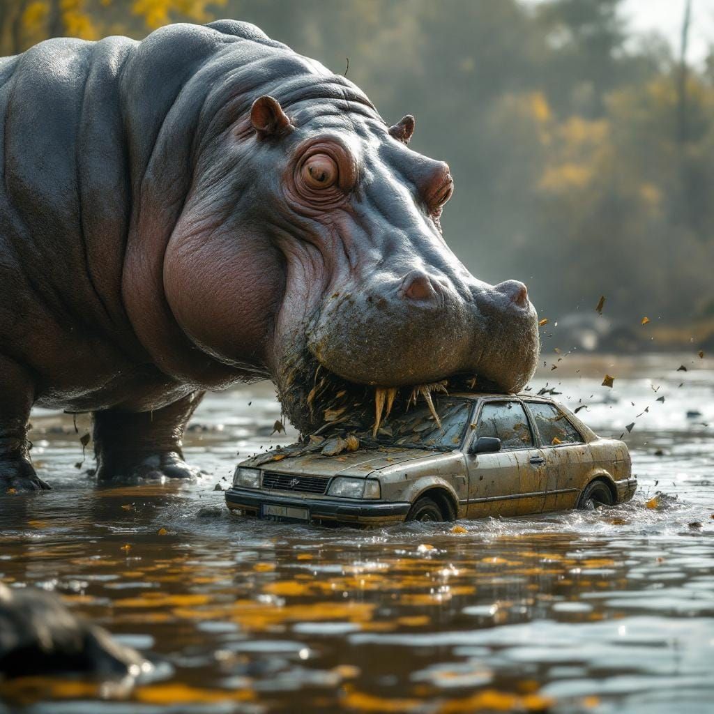 Gigantic Hippo Devours Car on Riverbank