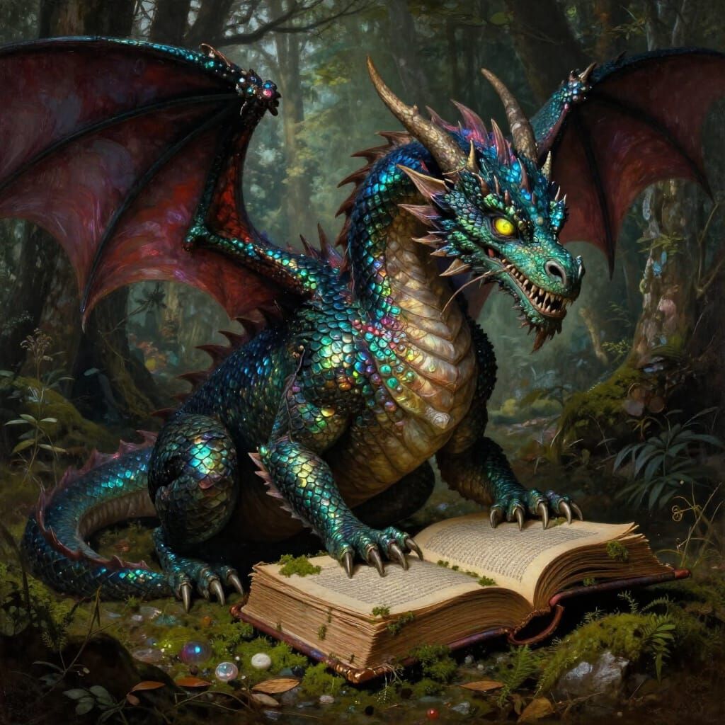 Dragon Guards Ancient Tome in Forest Clearing