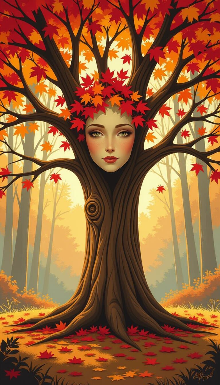Whimsical Autumn Tree Person in Forest Clearing