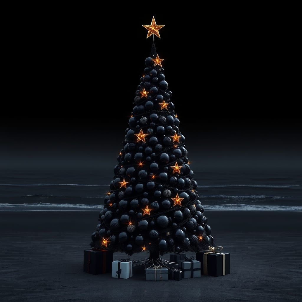 Black Christmas Tree on Beach in Digital Art Style