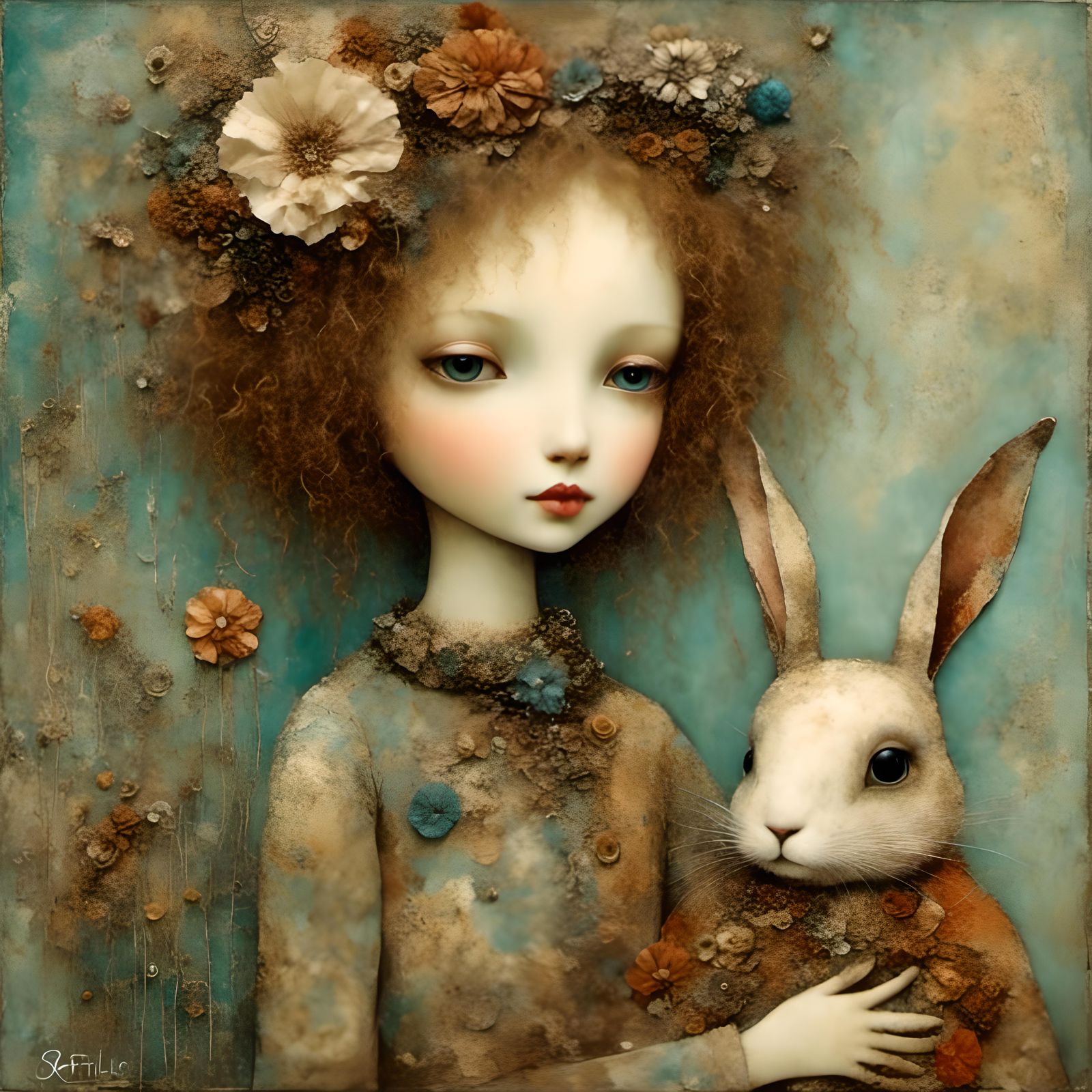 Whimsical Creature Portrait with Stuffed Rabbit