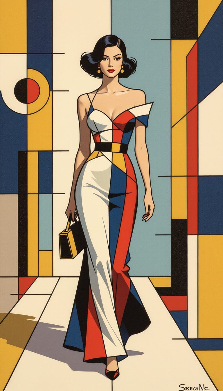 Retrofuturistic Pin-Up in Geometric Garden with Art Deco Ele...