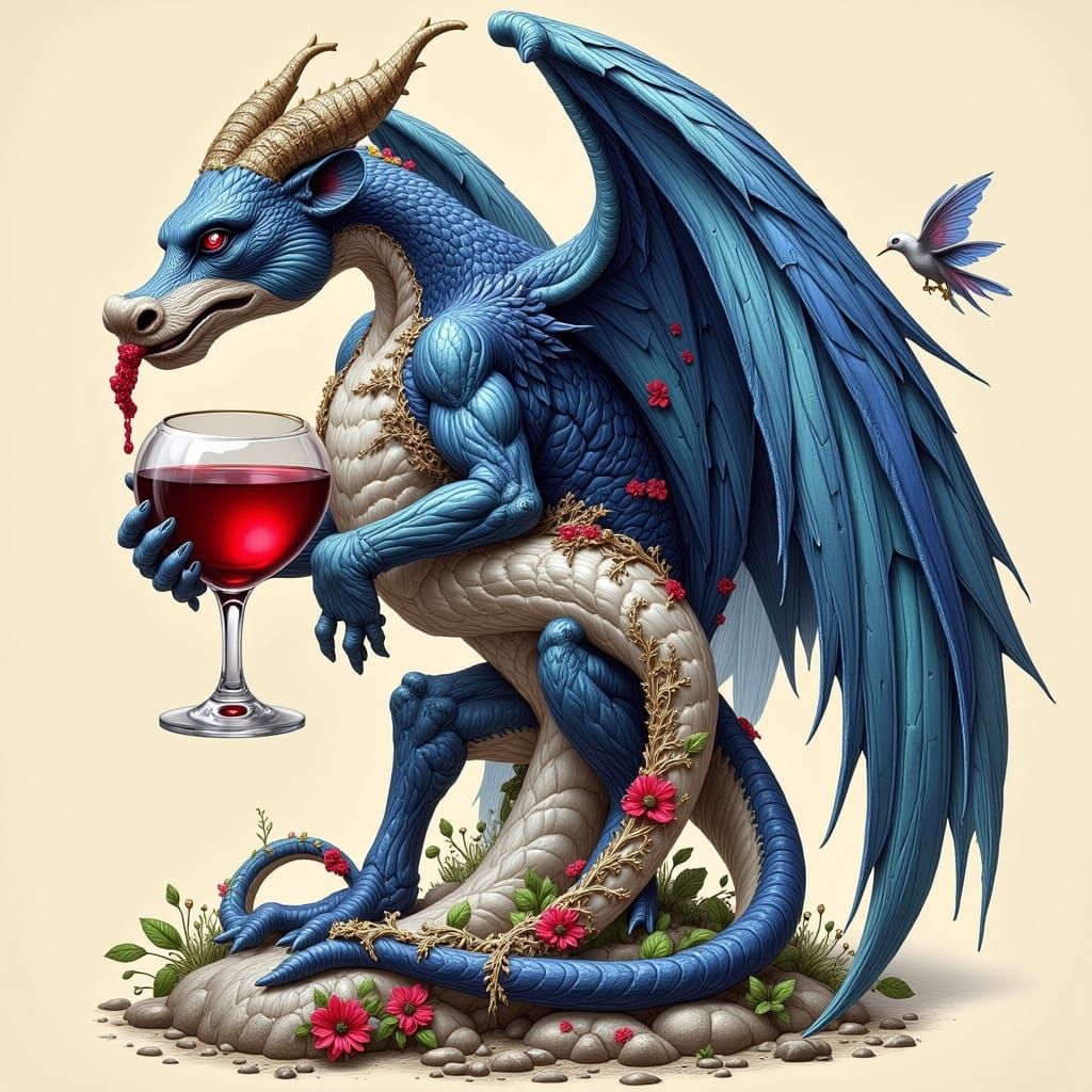 Red Wine and Blue Gargoyle in Hyperreal Style