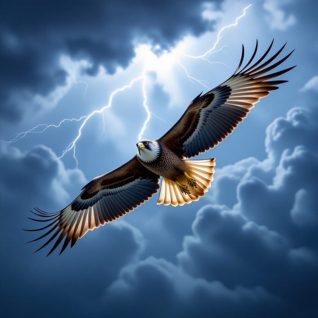 Falcon Soars Through Stormy Sky: Cinematic Image