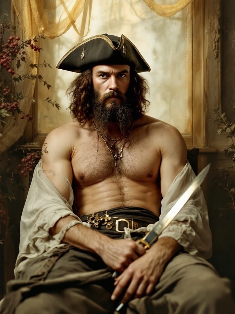 Blackbeard Portrait in Vintage Christmas Card Style