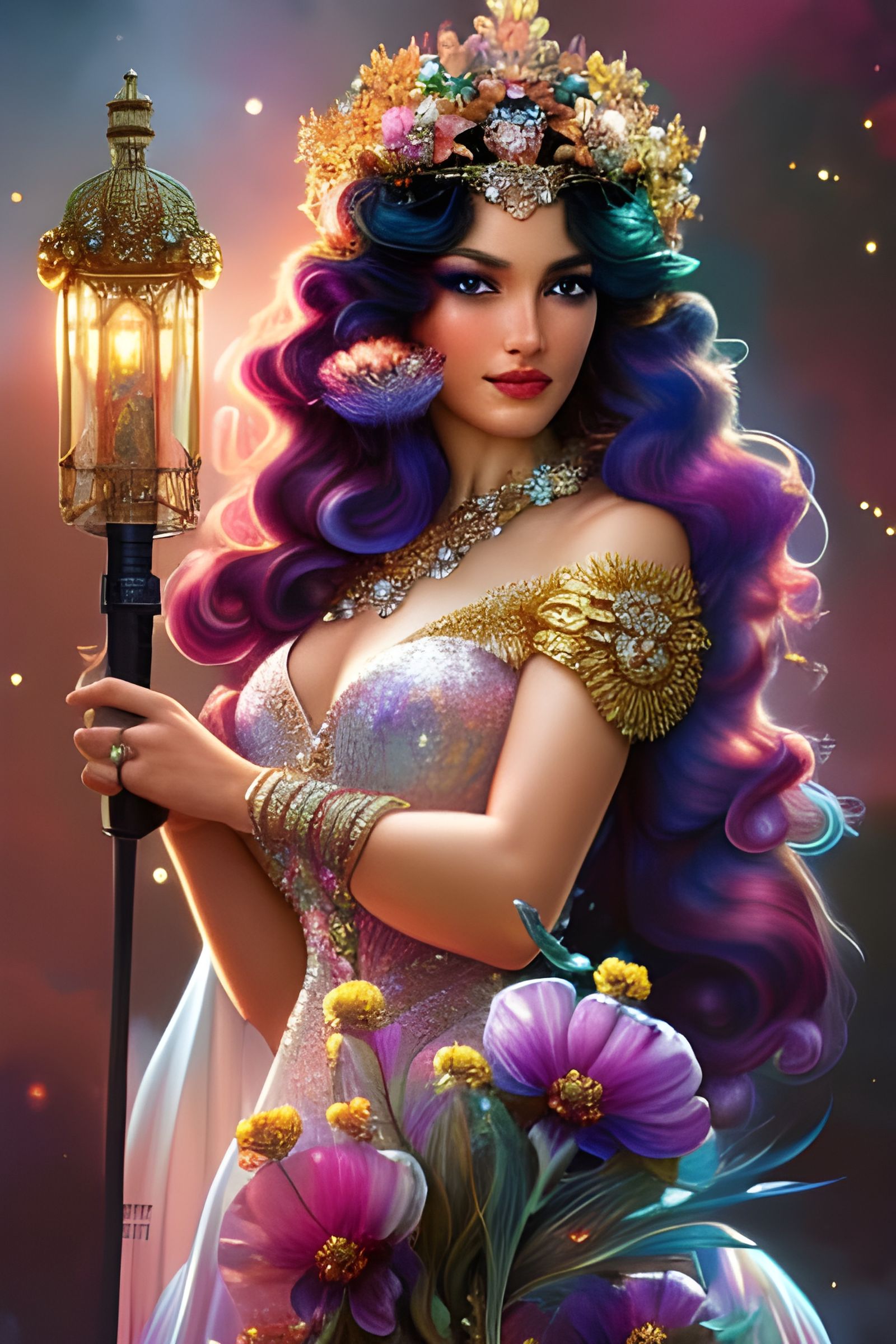 Queen with Crystal Flowers, Art Nouveau Portrait