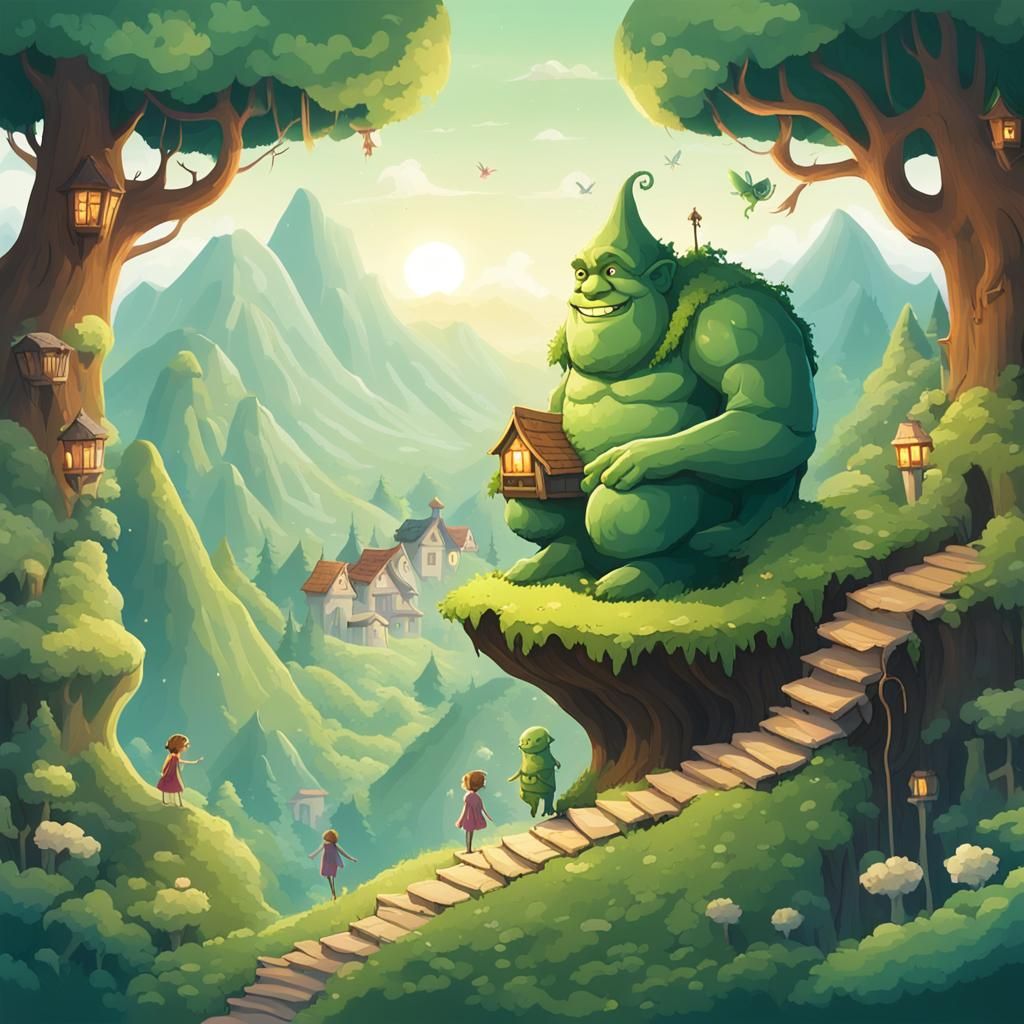 Whimsical Fairy Village Watched Over by Smiling Giant