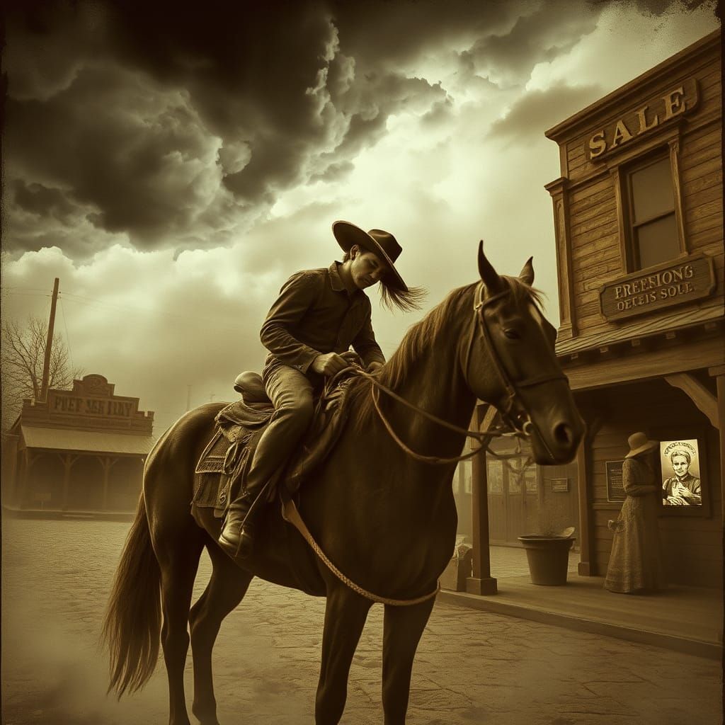 Cowboy Sleeps Through Storm in Sepia Tones