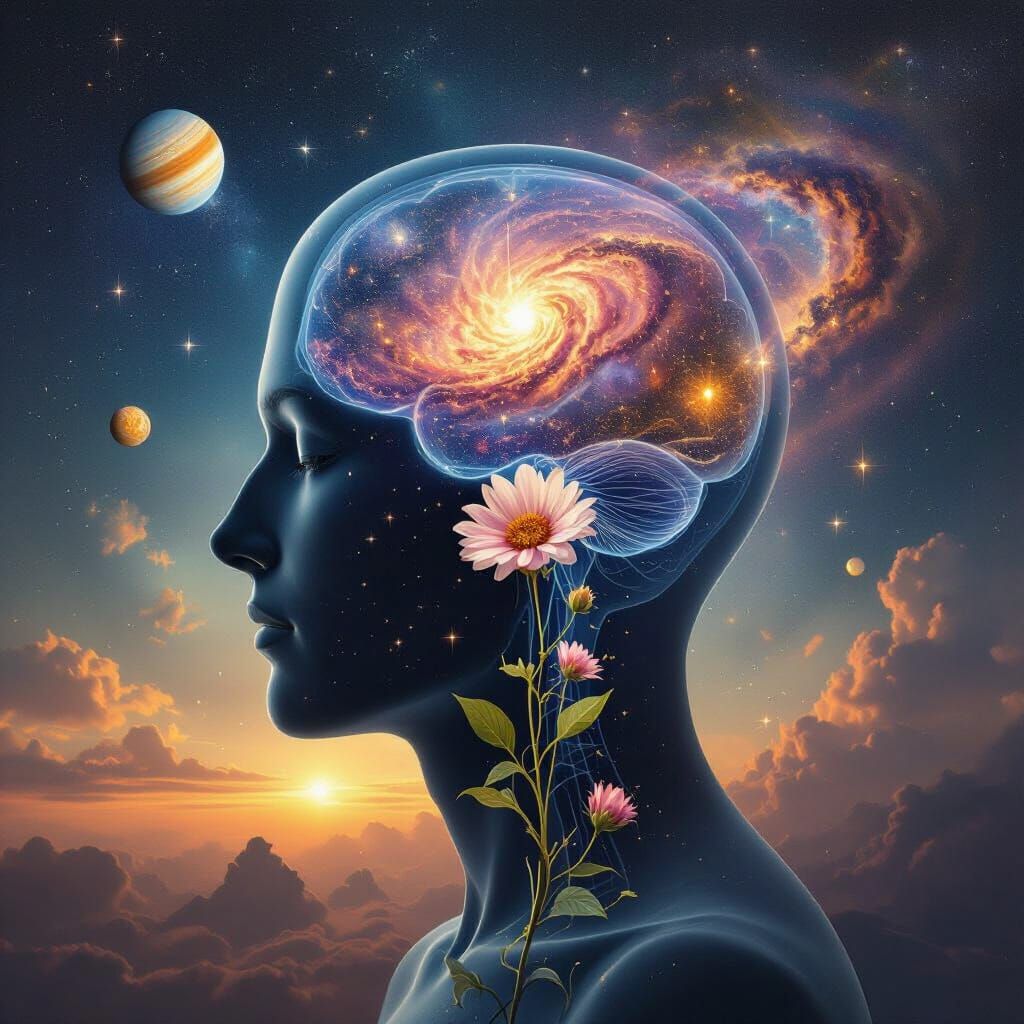 Surreal Cosmic Mindscape with Vibrant Nebulae and Floral Gro...