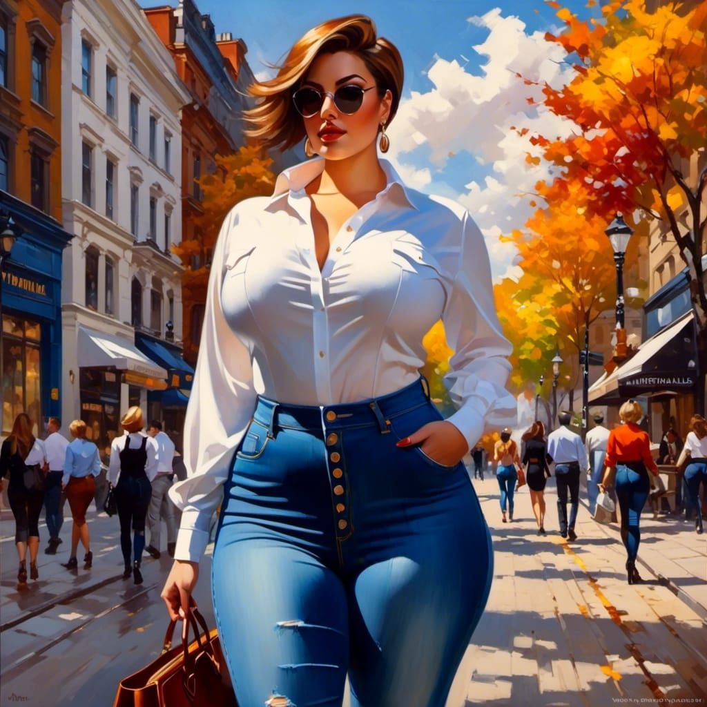 Curvy Businesswoman in Jeans Walking in City