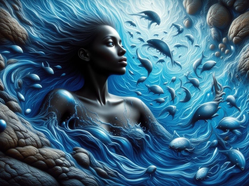 Ethereal Liquid Woman Sculpted in Flowing Blue Forms
