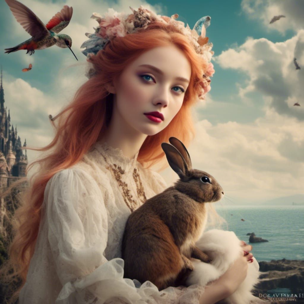 Rossetti-Style Fairy with Hummingbird by the Sea