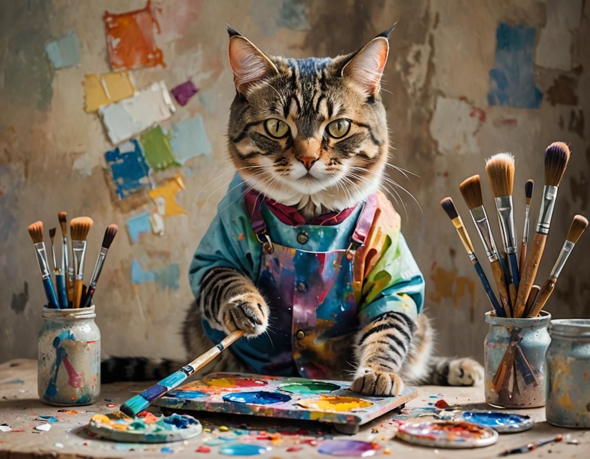 Cat Painter Creating Impressionist Cat Portrait