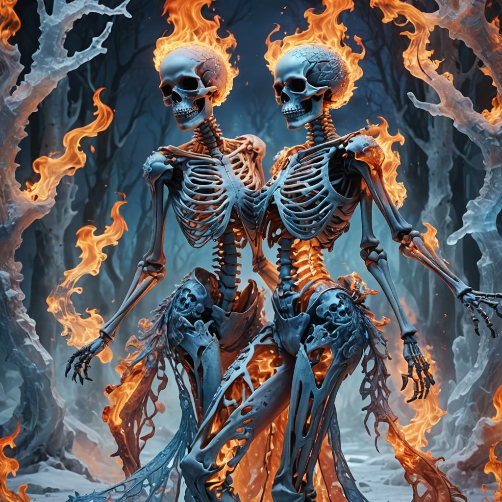 High-Fantasy Skeleton Amidst Flames and Ice
