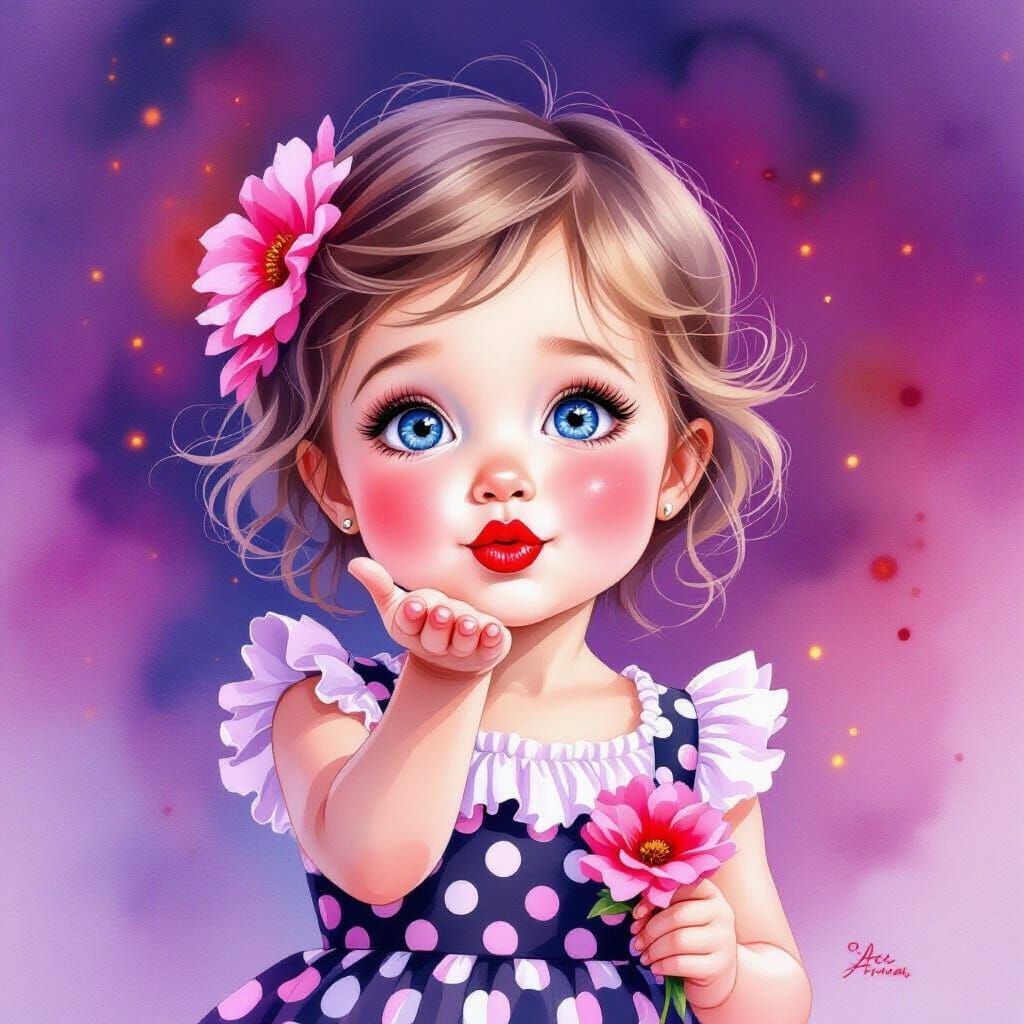 Girl Blowing Kiss Amidst Purple & Red Ink Swirls