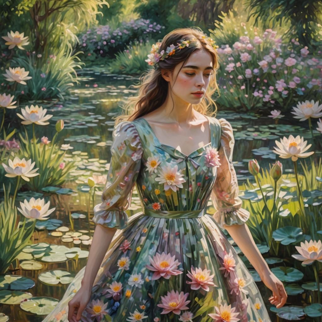 Girl in Flower Dress in Impressionist Style