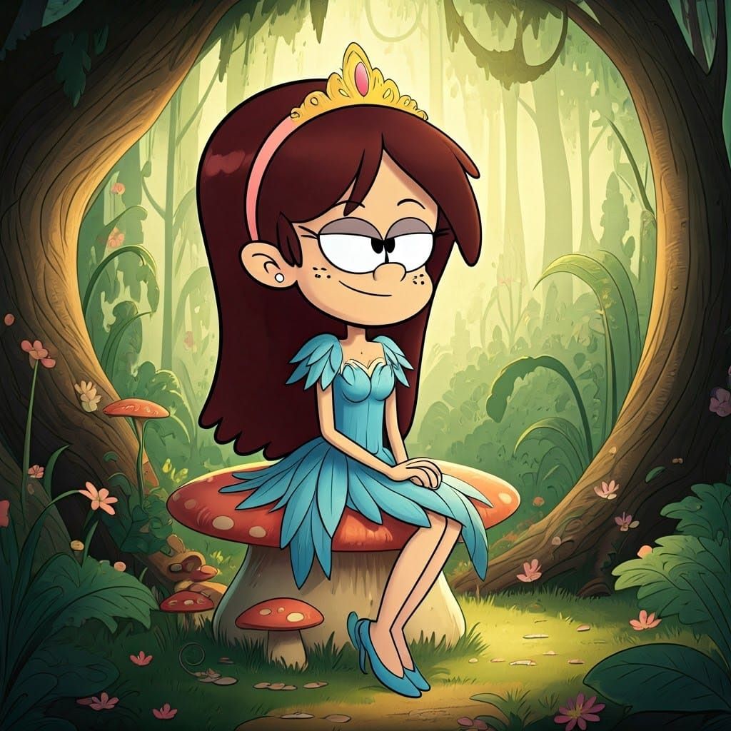 Imagine Sid Chang as a fairy princess, sitting on a mushroom throne in an enchanted forest. She wears a blue gown made o...