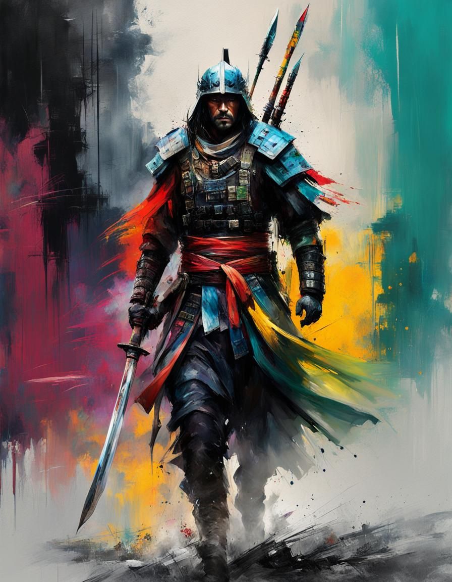 Energetic japanese warrior painting-style