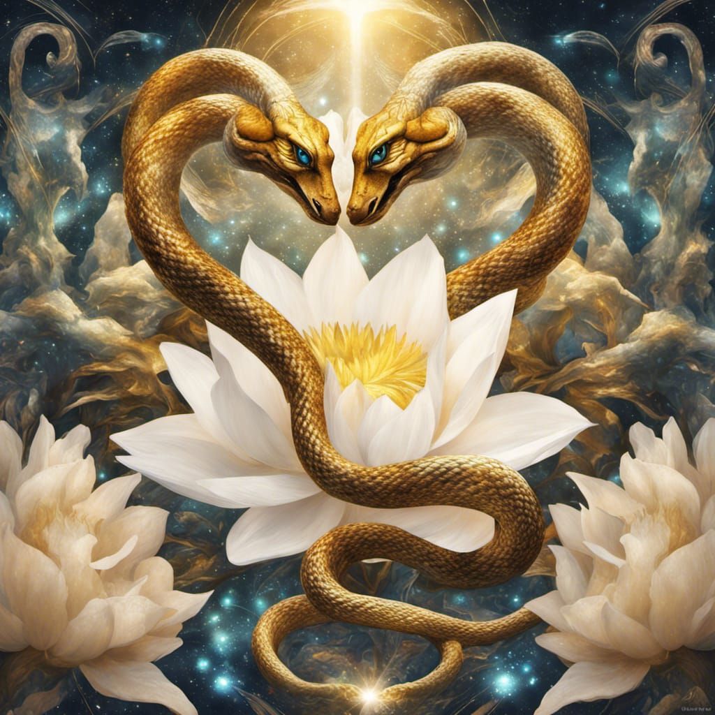 Golden Snake with Angel Wings and Lotus Flower